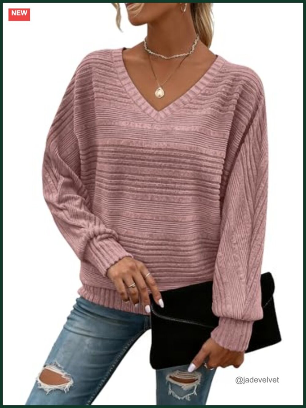 Women's V-Neck Batwing Sleeve Tunic Pullover Sweater Casual Blouse